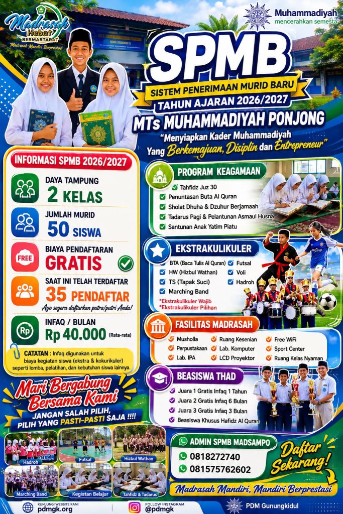 MTs Muhammadiyah Ponjong, SPMB 2026, PPDB Muhammadiyah, Dikdasmen PDM Gunungkidul, Sekolah Muhammadiyah Gunungkidul, Pendidikan Islam, Ponjong, Madrasah Tsanawiyah, PPDB Gunungkidul, Sekolah Islam